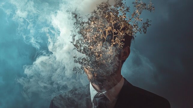 Surreal portrait of man with exploding head and mysterious smoke clouds