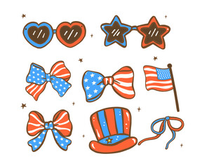 Group of 4th of July American Flag, Hat, sunglassses and Bow Hand Drawn Doodle Illustration