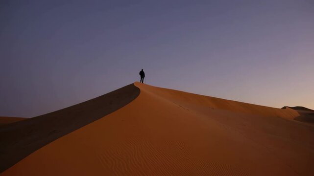 Lone explorer walking on sand dune crest at twilight