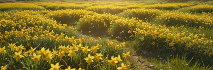 Golden daffodils carpet sunny meadow, vibrant hues, cheerful spring scene, sunny, vibrant colors