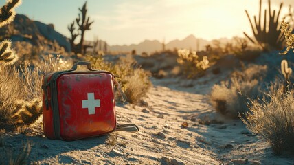 First Aid Kit Abandoned on Desert Path at Golden Hour Sunset aid desert sunset abandoned path help