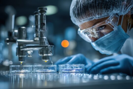 Researcher Analyzing Samples Under Microscope in a Laboratory Setting with Safety Gear, Medical Innovation and Scientific Advancement