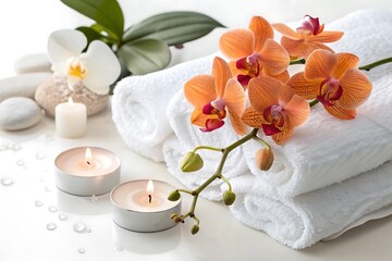 Spa and wellness composition featuring orchids candles and white fluffy towels for relaxation