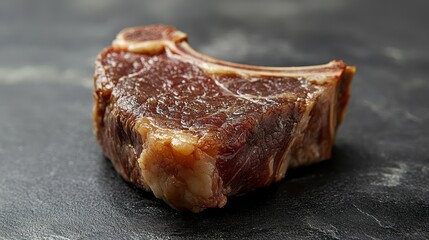 Close-up view of a raw rib steak on a dark surface.