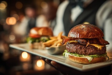 Waiter presenting gourmet burger with bacon, cheese, and fries on a white rectangular plate in a dimly lit establishment.