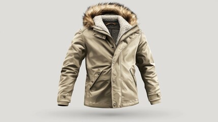 A realistic winter jacket mockup featuring a wool-lined coat with a fur-trimmed hood, set against a neutral backdrop for branding purposes.