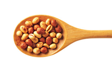 Coated peanuts paprika and pepper on wooden spoon isolated on white background PNG