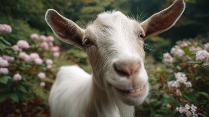 Fototapeta premium Goat Smiling with Buck Teeth Photobombing Wedding Scene