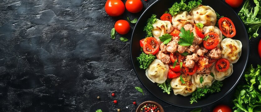 Delicious dumplings with vegetables and tomatoes.