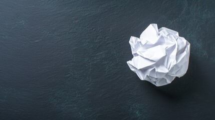 A single crumpled paper ball placed against a dark backdrop, showing off the sharp folds and texture of the paper.