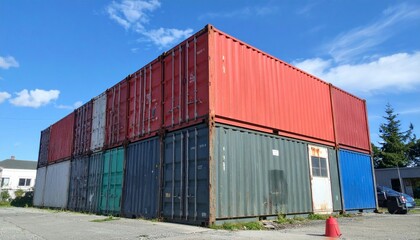 Stacked Shipping Containers Against a Clear Blue Sky Background