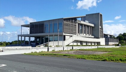 Naklejka premium Modern Architectural Design with Concrete Structure and Large Windows