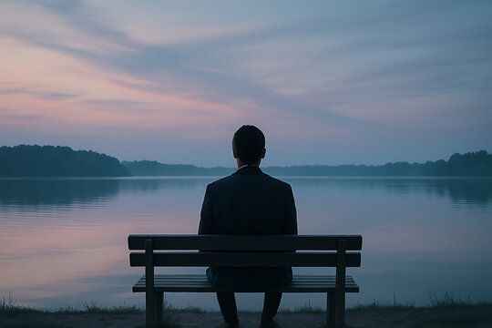 湖畔に佇む男性の後ろ姿と静かな夕暮れの孤独な時間