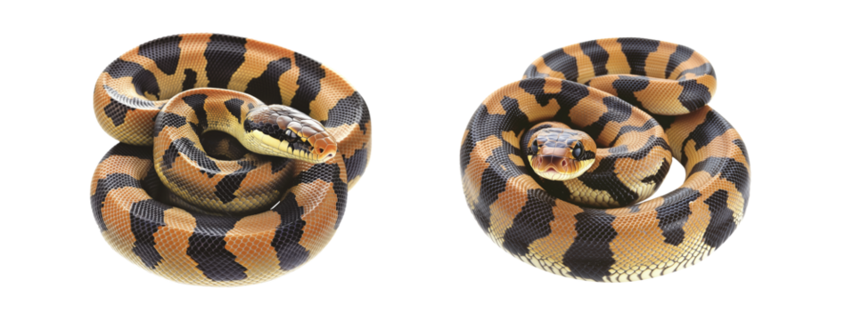 Coiled yellow and black patterned snake, isolated on white transparent background, reptiles or wildlife, symbolizing Chinese Lunar New year
