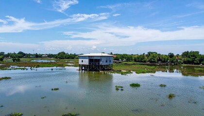 Obraz premium Tranquil Water House on Stilts Surrounded by Lush Greenery and Sky
