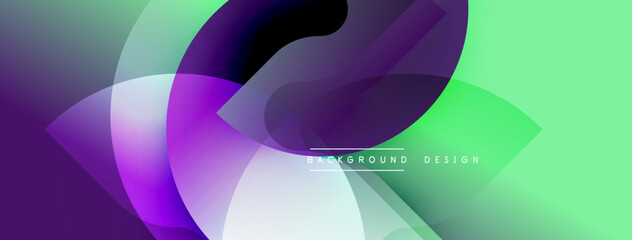 Abstract fluid shapes overlap, creating vibrant gradients. Purple, green hues dominate design, suggesting motion, energy. Minimal text present.