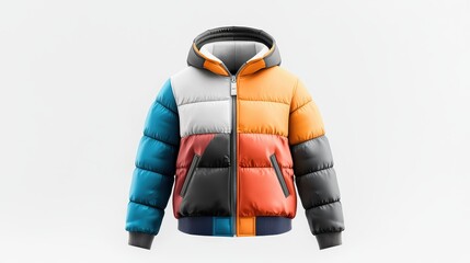 A stylish winter jacket mockup with an urban design, including a detachable hood and trendy color blocking, ideal for fashion advertisements.