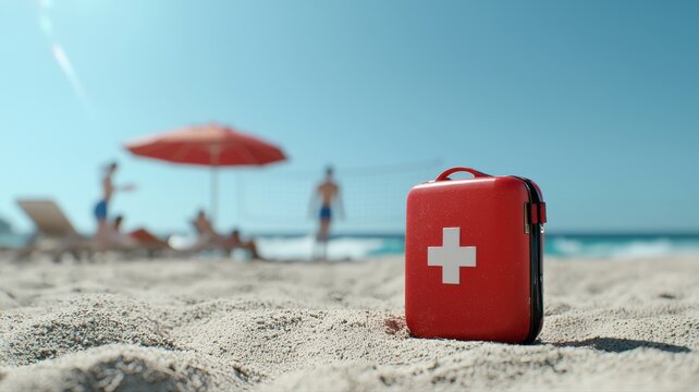 First Aid Kit on a Summer Beach Vacation beach summer vacation first aid kit sand ocean sea travel