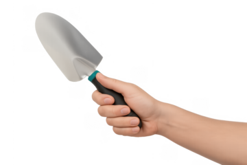 Male Hand Holding Gardening Shovel on transparent Background