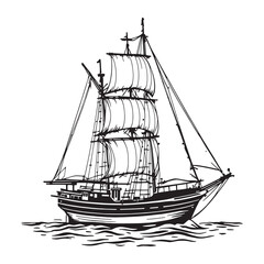 Vintage Sailing Ship Yacht Line Art Nautical Illustration