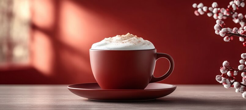 Tasteful beverage presentation with maroon coffee cup and foam on matte saucer in soft lighting and cozy ambiance
