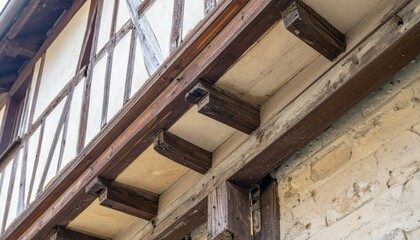 Obraz premium Detailed Close-Up of Wooden Beams on Traditional Building Exterior