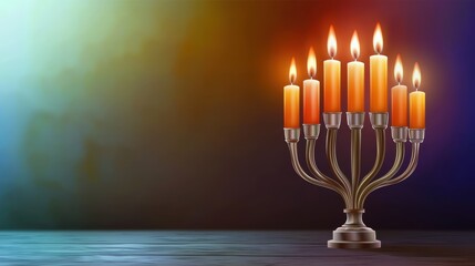 A traditional vector illustration of a menorah with nine beautifully designed candles, lit for Hanukkah, suitable for festive flyers and posters.