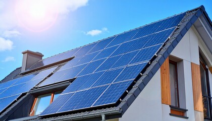 Solar Panels on Modern Home Roof Under Bright Blue Sky