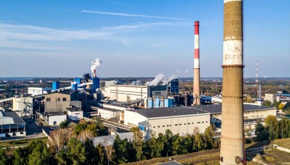 Industrial Power Plant with Chimneys and Smoke Against Blue Sky
