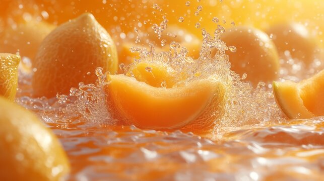 Freshly sliced cantaloupe and lemons in water with splashing effects.