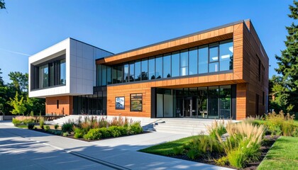 Modern Architecture with Glass and Wood Elements in Bright Daylight