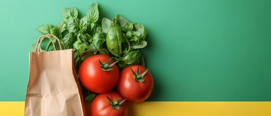 Fresh tomatoes and basil in a paper bag against a vibrant backdrop.