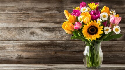 Fototapeta premium A vibrant bouquet of mixed flowers including sunflowers, tulips, and daisies arranged in a clear glass vase on a rustic wooden surface.