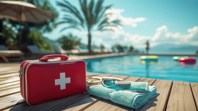 Essential Pool Safety: First Aid Kit and Gear on a Sunny Deck pool sunny medical kit emergency kit