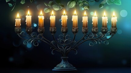 A vintage-inspired vector menorah with intricate patterns and softly glowing candles, perfect for Hanukkah-themed graphic designs and decorations.