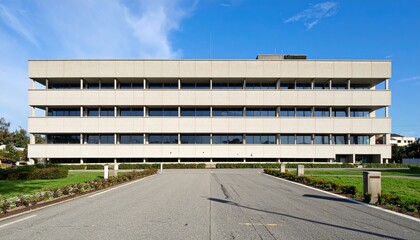 Fototapeta premium Modern Architectural Building Facade with Clear Blue Sky Background