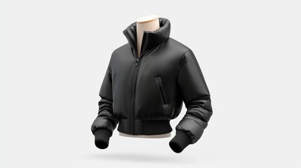 A winter jacket mockup with a sleek black design, displayed on a mannequin with adjustable cuffs and a high collar for a cozy look.