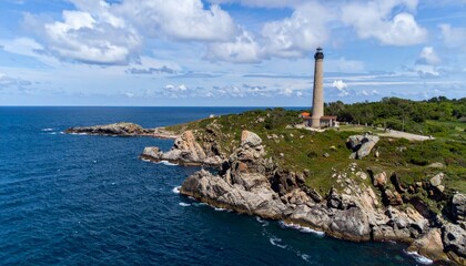 Fototapeta premium Scenic Coastal Lighthouse with Rocky Shoreline and Blue Sky