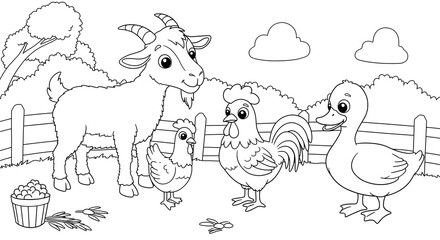 Fototapeta premium Farm Animals Illustration with Goat Chicken Rooster and Duck Outline