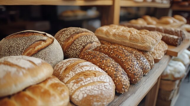 Diverse loaves of bread displayed on wooden shelves.