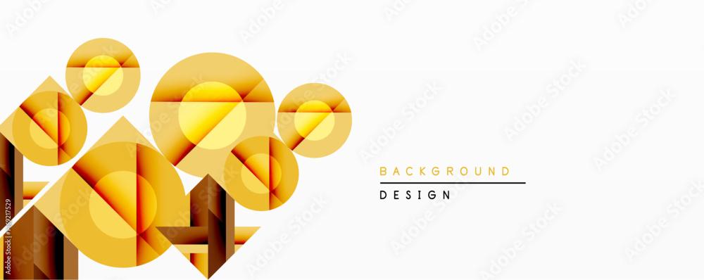 Poster Abstract geometric composition. Overlapping circles, triangles create dynamic visual effect. Golden hues dominate, contrasting with white space. Modern design element.