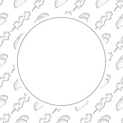 Food frame. doodle fast food circle frame. hand drawn food and beverage frame background. food background