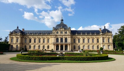 Fototapeta premium Elegant historic building with landscaped gardens and blue sky