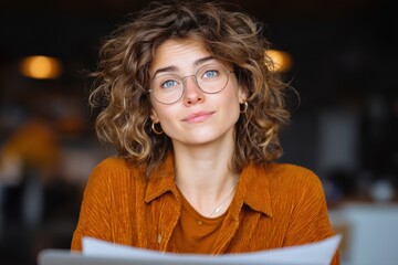 Attractive woman with curly hair wearing spectacles and corduroy shirt looks upward with a gentle and curious expression.