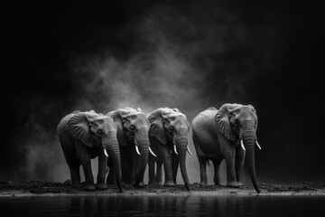 Fototapeta premium Black and white fine art photo of African elephants by the Chobe River in Botswana