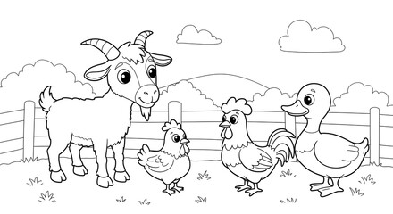 Obraz premium Farm Animals Coloring Page with Goat, Duck, Rooster and Hen