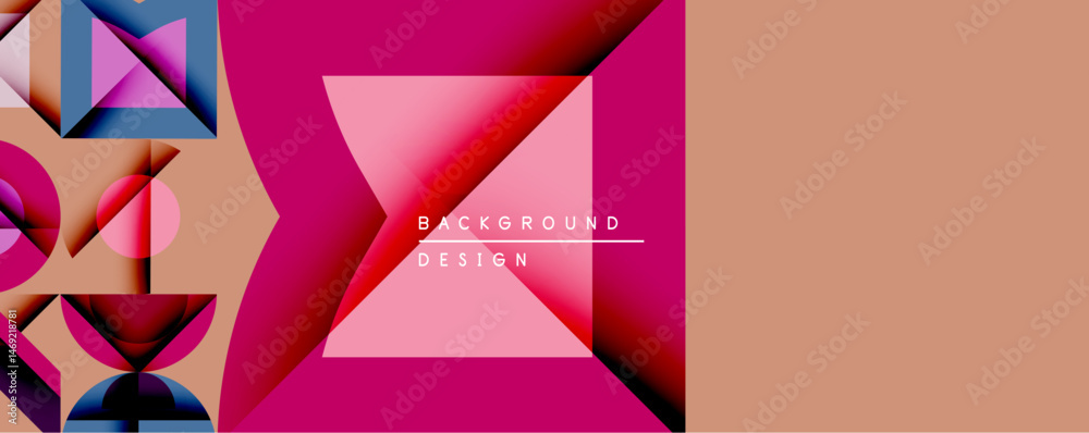 Poster abstract geometric composition. overlapping triangles, squares create vibrant visual effect. beige, 