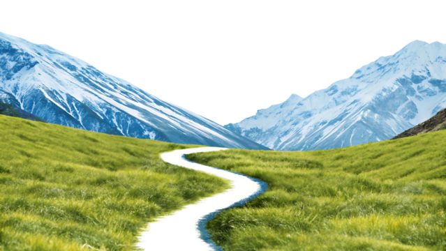 Green grass path to snowy mountains isolated on white background PNG