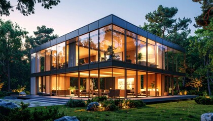 Fototapeta premium Modern Glass House Surrounded by Lush Green Forest Landscape