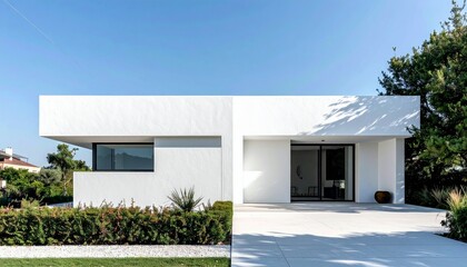 Modern Minimalist White House with Landscaping and Clear Sky